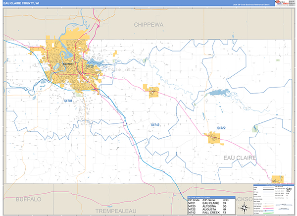 Eau Claire County, WI Zip Code Wall Map